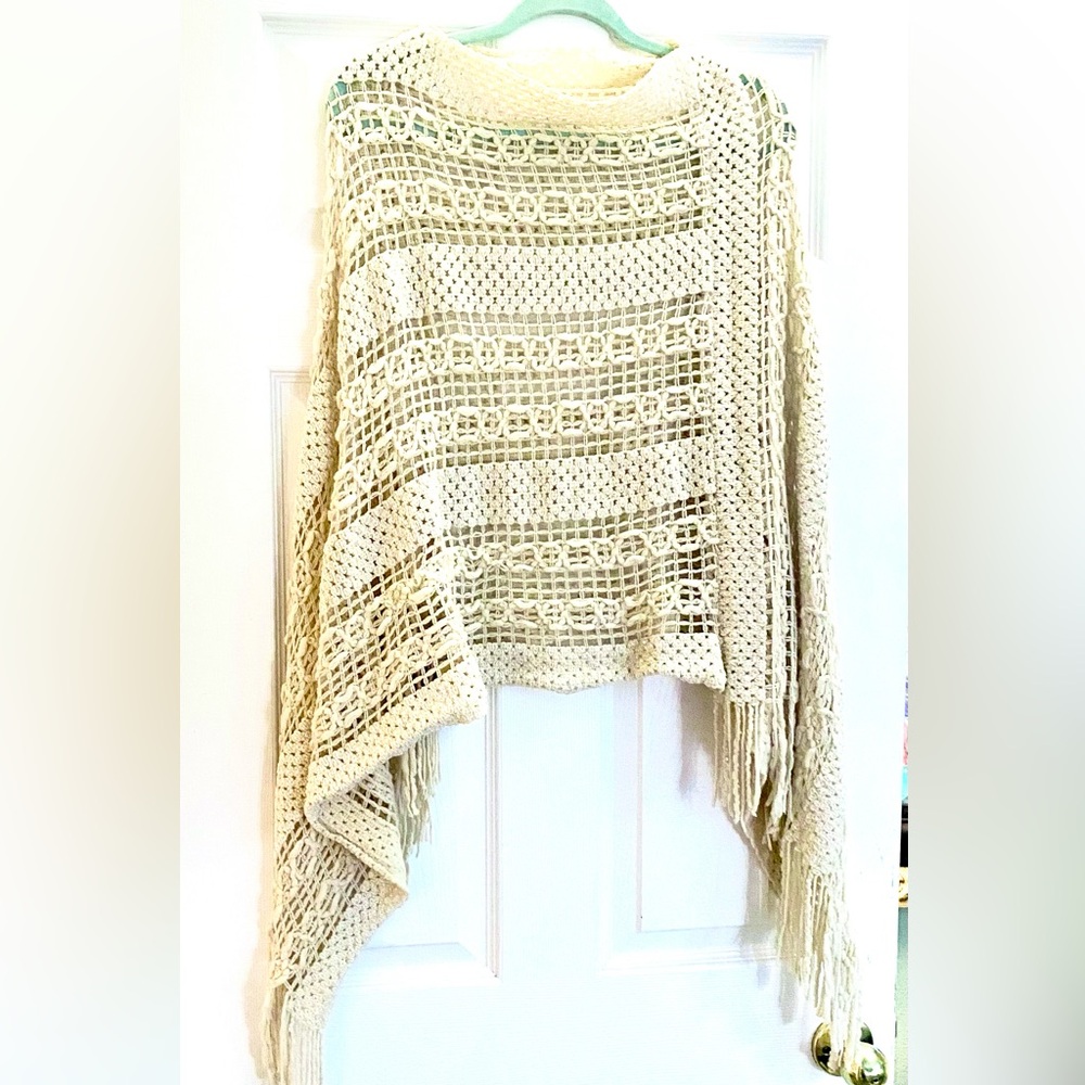Open-Knit Fringe Poncho Sweater - Cream